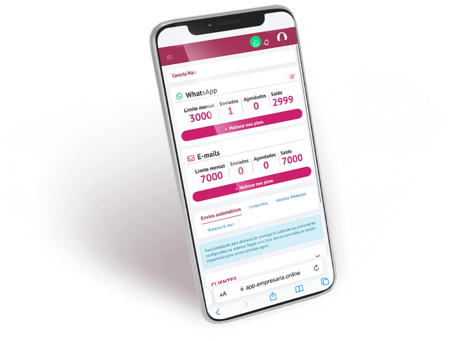 Sistema de envio automático de mensagens do Empresária Online no celular.
