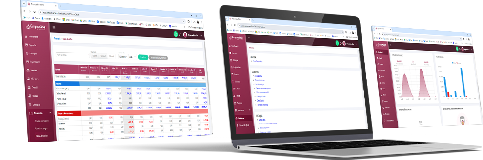 Três telas de computador mostrando relatórios do sistema Empresária Online.